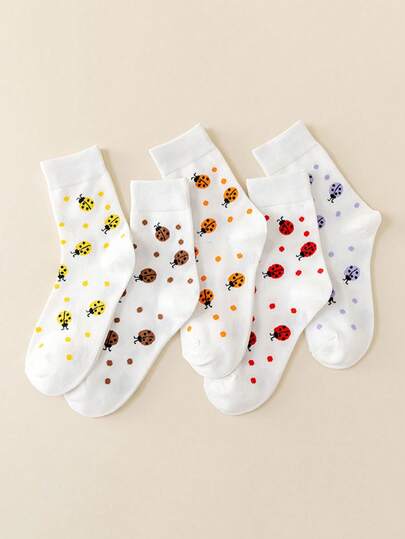 5 đôi tất mềm mại và thoải mái dài đến bắp chân, in hình bọ rùa dễ thương, thích hợp để mang hàng ngày trong mọi mùa.