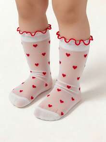 1 đôi tất dài đến bắp chân cho bé gái, in hình trái tim, viền ren, chất liệu lưới trong suốt, siêu mỏng, thoáng khí, mềm mại, thích hợp cho mùa hè. - Nhiều màu - Xem 1