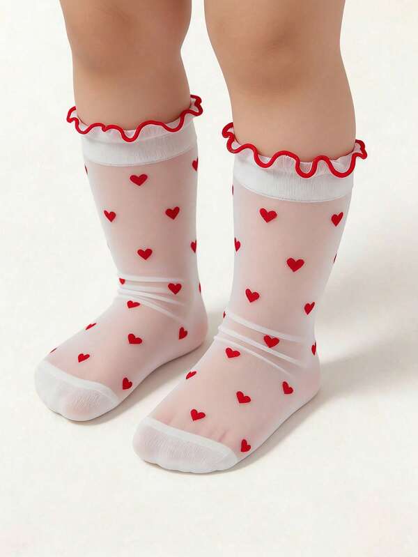 1 Pair Baby Girls' Heart Print Lace Trim Transparent Mesh Mid-Calf Socks, Infant Toddler Ultra-Thin Breathable Soft Summer Children Socks