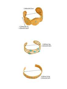 3pcs Vintage Luxury Wide Bangle Set Inlaid With Rhinestones & Faux Turquoise, Suitable For Women's Daily & Holiday Wear - Yellow Gold - View 3
