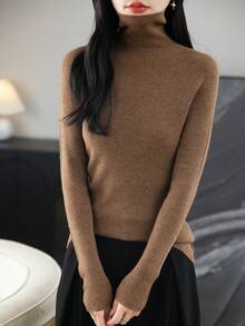 2026春夏女式美利奴羊毛混纺针织T恤，休闲百搭，高领柔软长袖套头衫 - 棕色 - 查看 7
