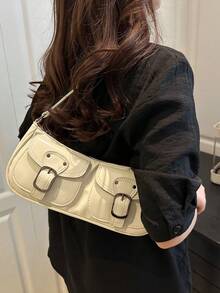 New Fashion Double Pocket Decor Handbag Tote Shoulder Bag, Suitable For Parties, Outings, Vacations, Shopping And Daily Use, Can Store Coins, Phones, Also Suitable As A Work Bag For White-Collar, College Students And Office Workers, Elegant Ladies Bag - 白色 - 查看 2