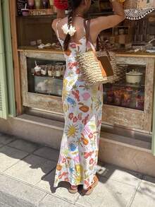 PoPoHouse Women's Elegant Print Maxi Dress Sexy Backless Spaghetti Strap Bodycon Flowy Dress For Casual Daily Date Summer Beach Vacation Party Going Out Outfit White Print Dress - White - View 5