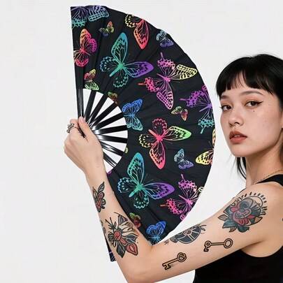 13-Inch Glow-In-The-Dark Butterfly Folding Cane - Rainbow Neon Walking Stick, Suitable For Festivals, Pride Parades, Rave Parties, Cosplay, Fantasy Themed Parties, Costume Shows, Club Nights, Dance Events, Fashion Accessories, Themed Performances, Magic Gifts And Colorful Aesthetic Decor