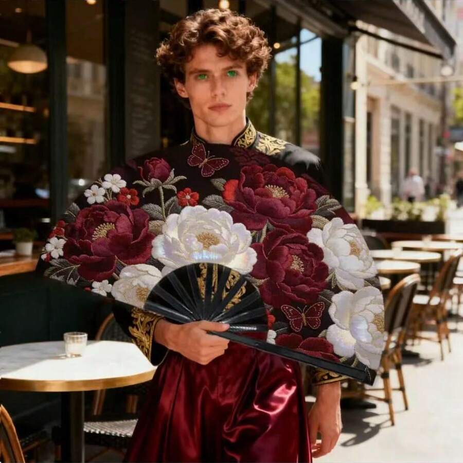 1pc Men's Handheld Fan With Elegant Embroidery - Deep Red Floral And Butterfly Pattern, Portable Cooling Fan Suitable For Daily Use, Outdoor, Travel And Special Occasions - Graceful Floral Fan, Suitable For Hot Weather - Burgundy - View 1