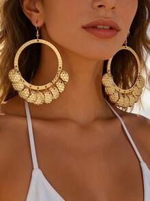 1 Pair Women's Bohemian Style Gold Hoop Earrings With Scales & Tassel, Exaggerated Beach Party Earrings - Yellow Gold - View 3