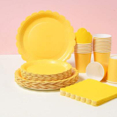 Yellow Flower Petal Disposable Tableware Set, 7/9 Inch Party Plates, Disposable Paper Plates, Cups, Napkins, Suitable For Holidays, Weddings, Engagements, Birthdays, Parties, Celebrations