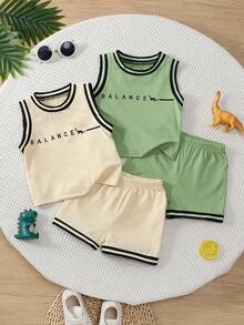 4pcs/Set Summer New Casual Sports Baby Boy Dinosaur Print Pattern Rib Trim Tank Top And Shorts - Multicolor - View 2