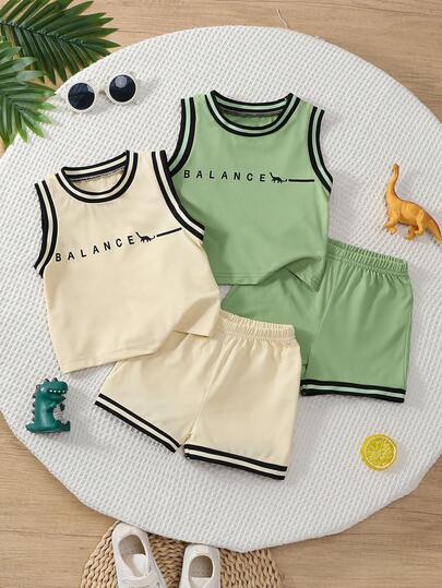 4pcs/Set Summer New Casual Sports Baby Boy Dinosaur Print Pattern Rib Trim Tank Top And Shorts