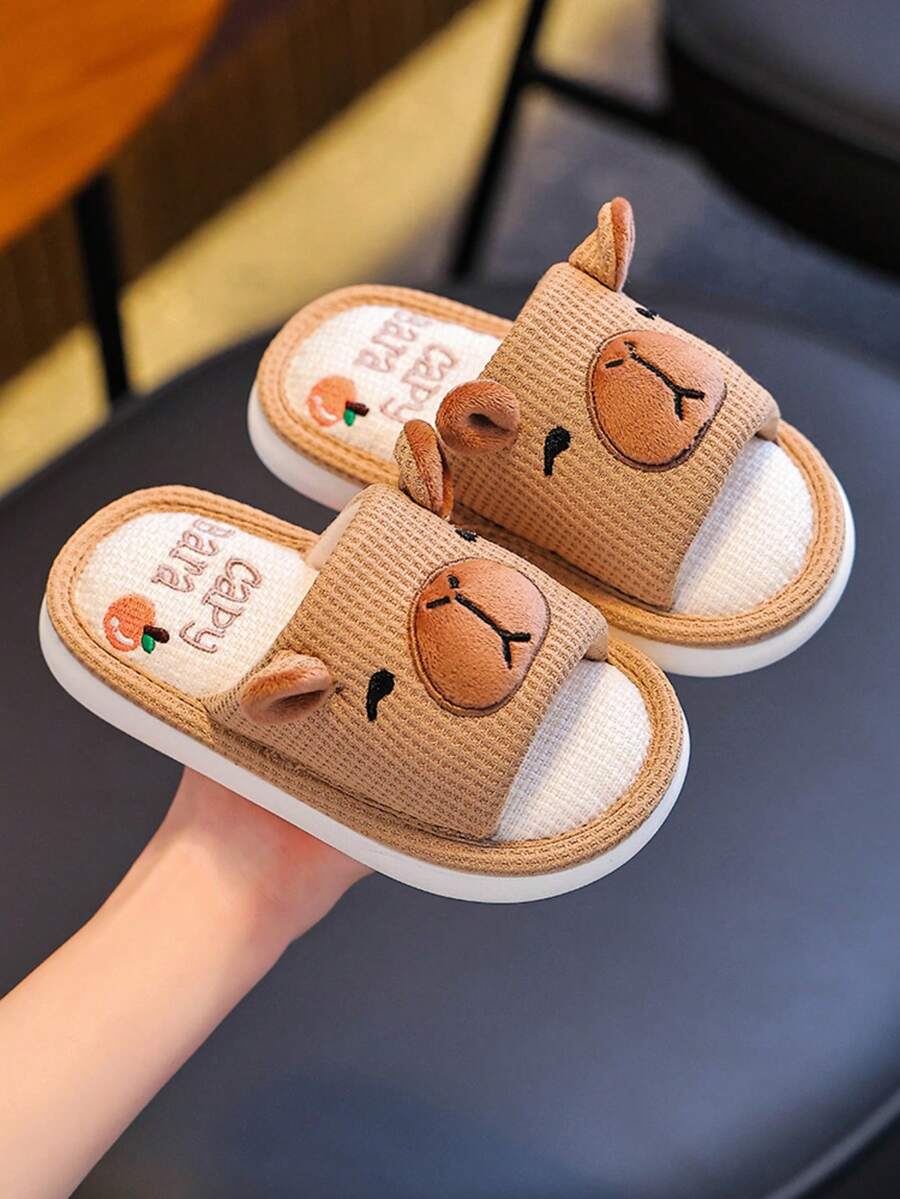 1 Pair Children's Linen Slippers, Cartoon Non-Slip Soft Bottom Indoor Slippers For Boys And Girls, Summer - Light Coffee - View 1