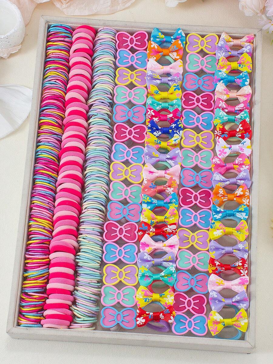 Bộ 250 chiếc dây buộc tóc và kẹp tóc nơ nhiều màu sắc cho bé gái, dây buộc tóc co giãn, kẹp tóc đuôi ngựa, phụ kiện tóc dễ thương. - Nhiều màu - Xem 1