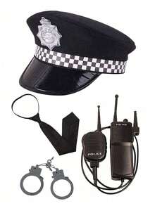四件套帽子套装，角色扮演服装道具，包括鹰形帽子、手铐、警棍，适合角色扮演、派对和冬季装备。 - 黑色 - 查看 9