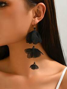 1 Pair Elegant Fabric Flower Long Earrings, Suitable For Daily Wear (Bead Color Random) - Black - E1338 - View 2