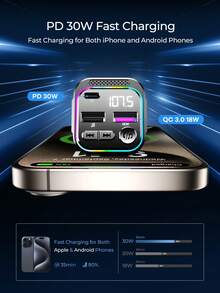 REMAX PD30W 车载快充，双 USB-A 和 Type-C 三口输出，支持蓝牙 5.3 免提通话和音乐播放，带 RGB 灯效，双音乐模式（蓝牙 + USB），兼容 12-24V 车辆，适用于 iPhone 和安卓手机，Type-C 充电器，iPhone 充电器，车载用品，旅行必备 - C54 - 查看 3