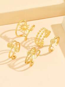 5pcs Vintage Elegant Star Ring Set, Hollow Pearl Chain Open Stainless Steel Rings, Waterproof Non-Fading Jewelry Gift For Women - Star - View 12