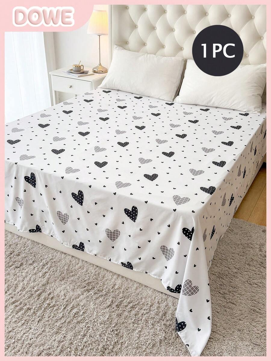 1pc Bed Sheet - 100% Lightweight Polyester Fabric, Heart Print Bed Cover, Breathable Bedding, Bedroom Decor Bed Cover, Suitable For Adults