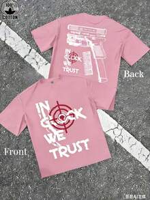 [Printed T-Shirt] Men's "Trust Us" Version B Gun Pattern Slogan T-Shirt ,  Casual Men's Round-Neck Short-Sleeve Cotton T-Shirt For Spring And Summer - 粉色 - 查看 3