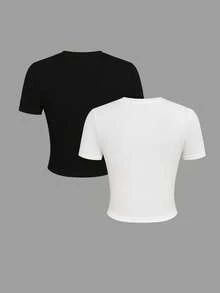 2 Pieces Women's Slim-Fit Crop Top And Loungewear Short T-Shirt - Black and White - View 2