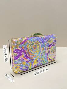 亮片刺绣花卉盒形手拿包，女士时尚亮片拼接手提包，派对晚宴包，随机裁剪，适合女性，适合派对、婚礼、舞会、度假等场合。是派对、婚礼、舞会、晚宴/庆典活动的理想之选，可搭配节日派对礼服、晚礼服和亮片连衣裙。闪亮亮片手提包，女士优雅之选。 - 紫色 - 查看 3