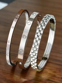3件套高品质不锈钢花朵锆石手链，女士多元素珠宝设计，包含链条、齿轮和四叶草，时尚百搭，适合日常佩戴、派对、节日、生日、婚礼、情人节、母亲节等场合作为礼物。 - 銀色 - 查看 10