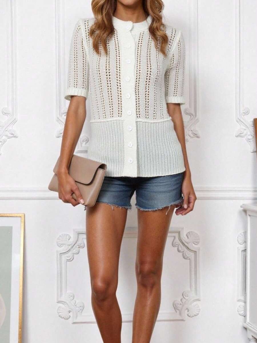 Áo khoác cardigan dệt kim tay ngắn mỏng nhẹ dành cho nữ, màu trắng, thích hợp cho mùa xuân/hè 2026, có cúc cài. - trắng - Xem 1