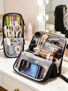 2pcs Vertical Makeup Bag Set, Multi-Functional Large Capacity Makeup Organizer Bag With Compartments, Big Capacity For Stationery Storage, Portable Toiletry And Stationery Pouch - Multicolor - View 2