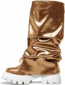 Women's Platform Round Toe Mid Calf Boots With Chunky Heel - M-gold - View 3