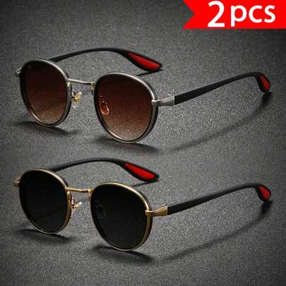 2 Pairs Women's Smooth Round Frame Sunglasses, Metal Material, UV400 Sun Protection, Cool Urban Style Sunshades, Daily Commute Style