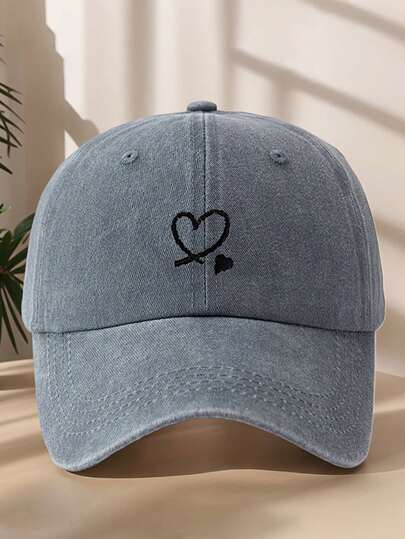 1pc Unisex Heart & Letter Embroidered Washed Baseball Cap, Fashionable Outdoor Vintage Street Urban Style Curved Brim Dad Hat For Sun Protection, Suitable For Vacation, Beach, Travel, Cycling
