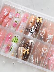 120片中号棺材形人造指甲贴片，饰有3D粉色和棕色蝴蝶结、水钻、蝴蝶图案，亚克力方形全覆盖芭蕾舞假指甲，适合女性，易于佩戴 - 彩色 - 查看 6