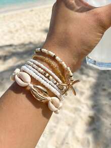 7 piezas de pulseras hechas a mano con cuentas de conchas en estilo minimalista bohemio, adecuadas para fiestas, vacaciones, regalos y uso diario - Multicolor - Ver 1