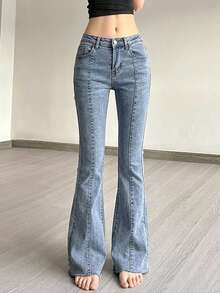 Pantalones vaqueros de mezclilla azul lavada para mujer con bolsillos laterales y botones, informales y versátiles para el uso diario. - Lavado ligero - Ver 4