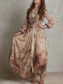 Casual Gown With A Vintage Floral Chiffon Design, Featuring A Crew Neck, Long Sleeves, And A Ruched Waist - 彩色 - 查看 3