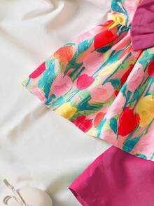 Young Girls' Tulip Print Camisole Top With Bow Decor & Shorts 2-Piece Sweet Outfit, Spring/Summer - Hot Pink - View 5
