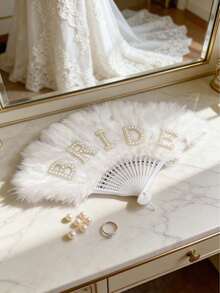 1pc Elegant "BRIDE" Feather Fan, Bridal Feather Fan, Luxurious White Folding Fan, Perfect For Weddings, Bridal Gatherings, Bachelor's Parties, Wedding Photoshoots, And As A Bridal Accessory On The Wedding Day - Multicolor - View 3