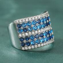 Luxury Blue & White Zirconia Wide Band Ring, Elegant Wedding Anniversary Party Ring, Unique Birthday Gift, Fashionable Women Accessory - Silver - View 4