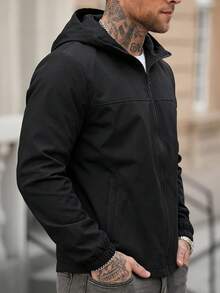 Chaqueta con capucha y cremallera ligera para hombres, chaqueta deportiva minimalista de manga larga para actividades al aire libre, adecuada para primavera en color negro - Negro - Ver 2