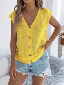Camiseta de punto sin mangas con cuello en V, botones de diamante y hombros caídos, estilo casual y sexy para primavera/verano - Amarillo - Ver 5
