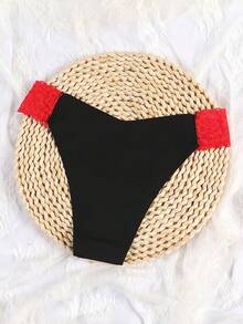 Customizable Women'S Seamless Thong With Heart Print & Lace Trim - Soft Stretchy Comfortable Underwear, Personalized Gift For Wife Or Girlfriend, Black With Red Ribbon Detail, Romantic Clothing | Heart Print Design | Stretchy Fabric - Đỏ - Xem 3