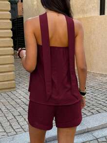 PoPoHouse Women's Summer Solid Color 2-Piece Set Casual Y2K Cute Tube Top + Wide Leg Shorts Outfit, Suitable For Vacation Beach, Daily Wear, Commute Office - Burgundy - View 2