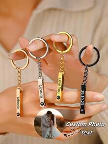 1pc Customized Photo Keychain, Stainless Steel Rectangle Projection Photo Keychain, Customized Color Photo Projection Keychain, DIY Engraved Name And Date Keychain, Commemorative Gift, Customized Couples Photo And Text Keychain - Rose Gold - View 11