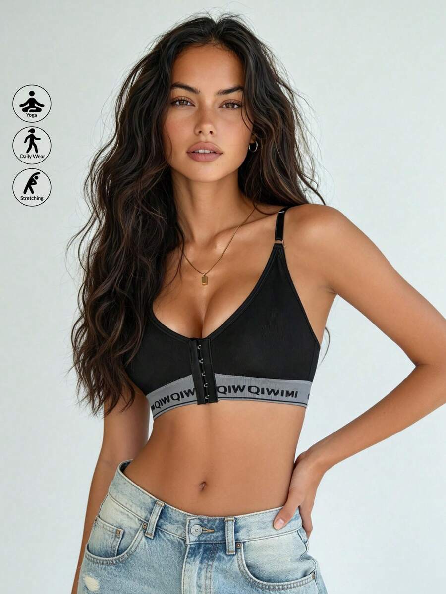 Runway Rest 1pc Women's Sports Yoga Letter Print Seamless Wireless Adjustable Strap Sexy Open Back Bra
