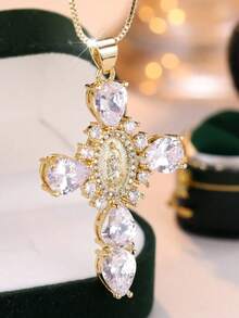 女士全钻圣母玛利亚十字架项链，欧美创意个性化吊坠，节日礼物 - 白色 - 查看 2