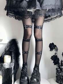 1件新款个性化性感吊袜带丝袜，显瘦印花连裤袜，女士透明丝袜 - 彩色 - 查看 8