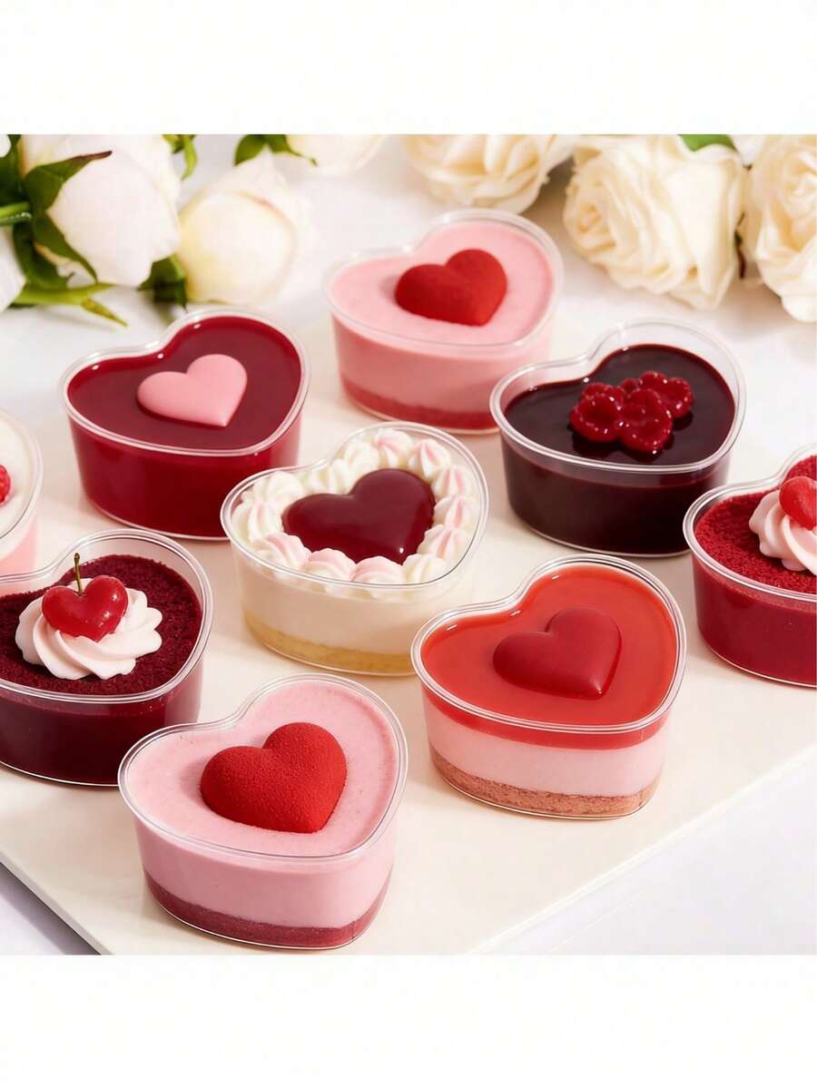 Ly tráng miệng hình trái tim 5 oz (Vui lòng xác nhận thông số kỹ thuật và kích thước trước khi mua), Ly tráng miệng bằng nhựa dùng trong tiệc tùng, Thích hợp cho các món tráng miệng, kẹo, bánh pudding, bánh phô mai, mousse, trang trí bánh, Có thể tái sử dụng, Thích hợp cho các bữa tiệc, tiệc sinh nhật, đám cưới, Halloween, Năm mới, Giáng sinh.