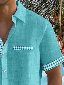 Basic Casual Plaid Print Men's Plus Size Lightweight Short Sleeve Shirt - Mint Blue - View 5