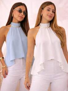 Women's Blouse With High Neck And Asymmetrical Neck Tie - 藍/白 - 查看 2