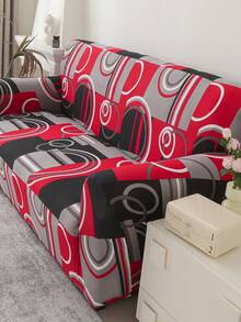 1pc Geometric Pattern Sofa Cover, Abstract Circle Non-Slip Elastic Sofa Slipcover, Red And Gray Contrast Color, Suitable For Sectional Sofa And Loveseat - Red - View 11