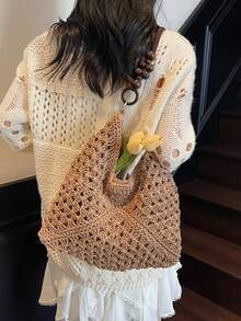 Handmade Crochet Hollow Straw Bag, Patchwork Large Capacity Shoulder Bag, Bohemian Contrast Color Straw Bag, Casual Versatile Women Bag, Slouchy Woven Bag, Summer Beach Vacation Straw Bag, Commute & Travel Dual-Use Women Bag, Can Fit , Gift For Women - Màu Khaki - Xem 6