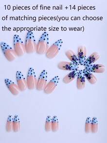 24片装蓝莓法式3D美甲贴纸，杏仁形假指甲，蓝色波点法式尖头，可重复使用亚克力美甲，夏季水果主题，包含凝胶粘合贴纸（1张）和指甲锉（1个） - 彩色 - 查看 5